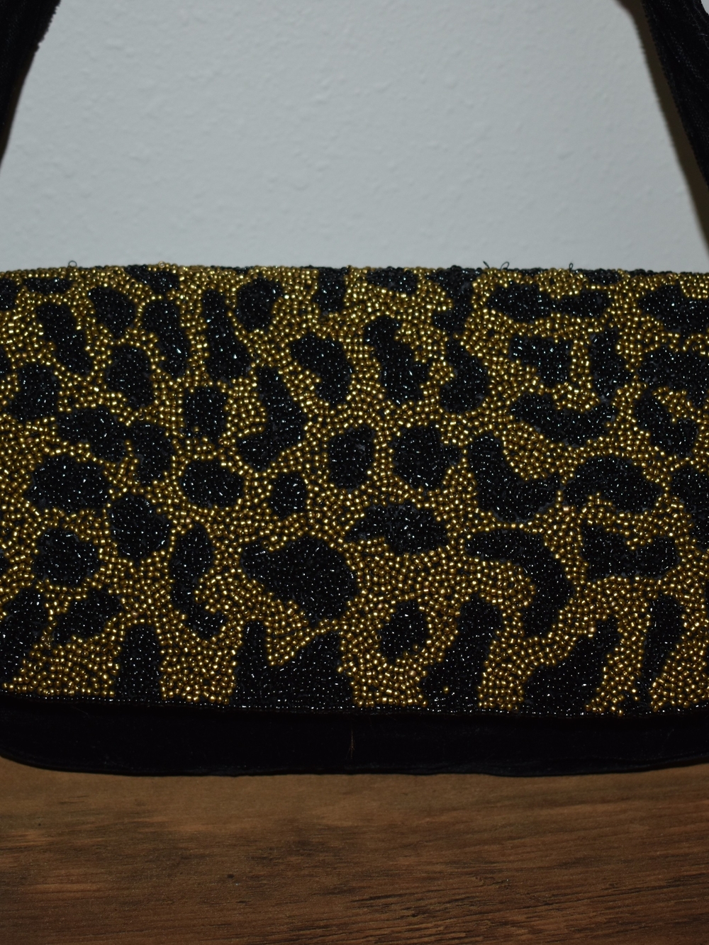 Beaded Leopard Print Evening Clutch - Black & Gold